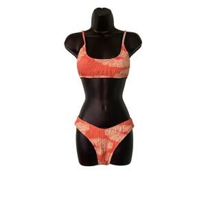 Volafa Women’s Small Orange Bikini Set Textured/Smocked/ Ruched Pull On